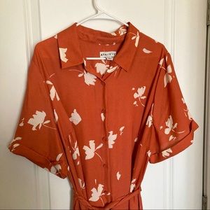 Ava & Viv Coral Floral Belted Midi Dress with Pockets